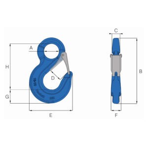 HACK10 grade 10 eye sling hook with latch showing side and front views with dimension labels