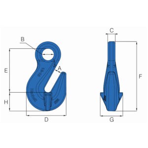 Technical drawing of blue Grade 10 eye shortening grab hook with labelled dimensions A to H