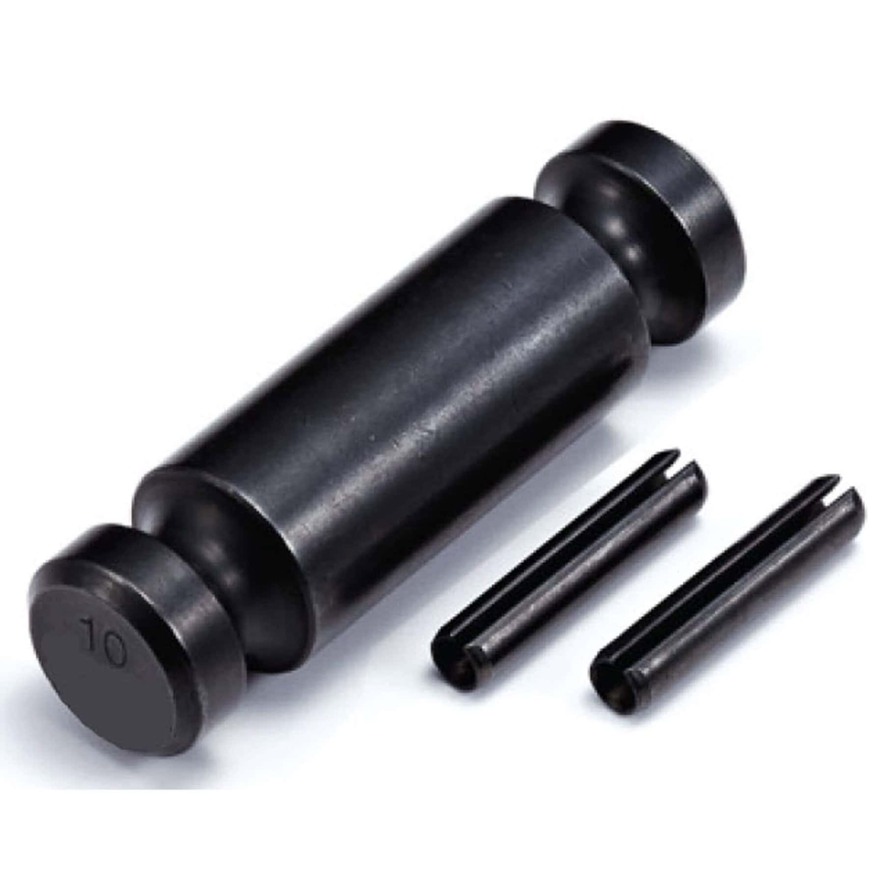 Black HACK10 spare clevis load pin with two split pins on white background