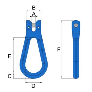 Diagram of Grade 10 clevis reevable egg link showing front and side views with A to F dimensions marked
