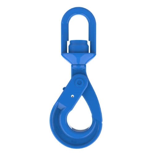 Blue grade 10 swivel self locking hook with safety latch on white background