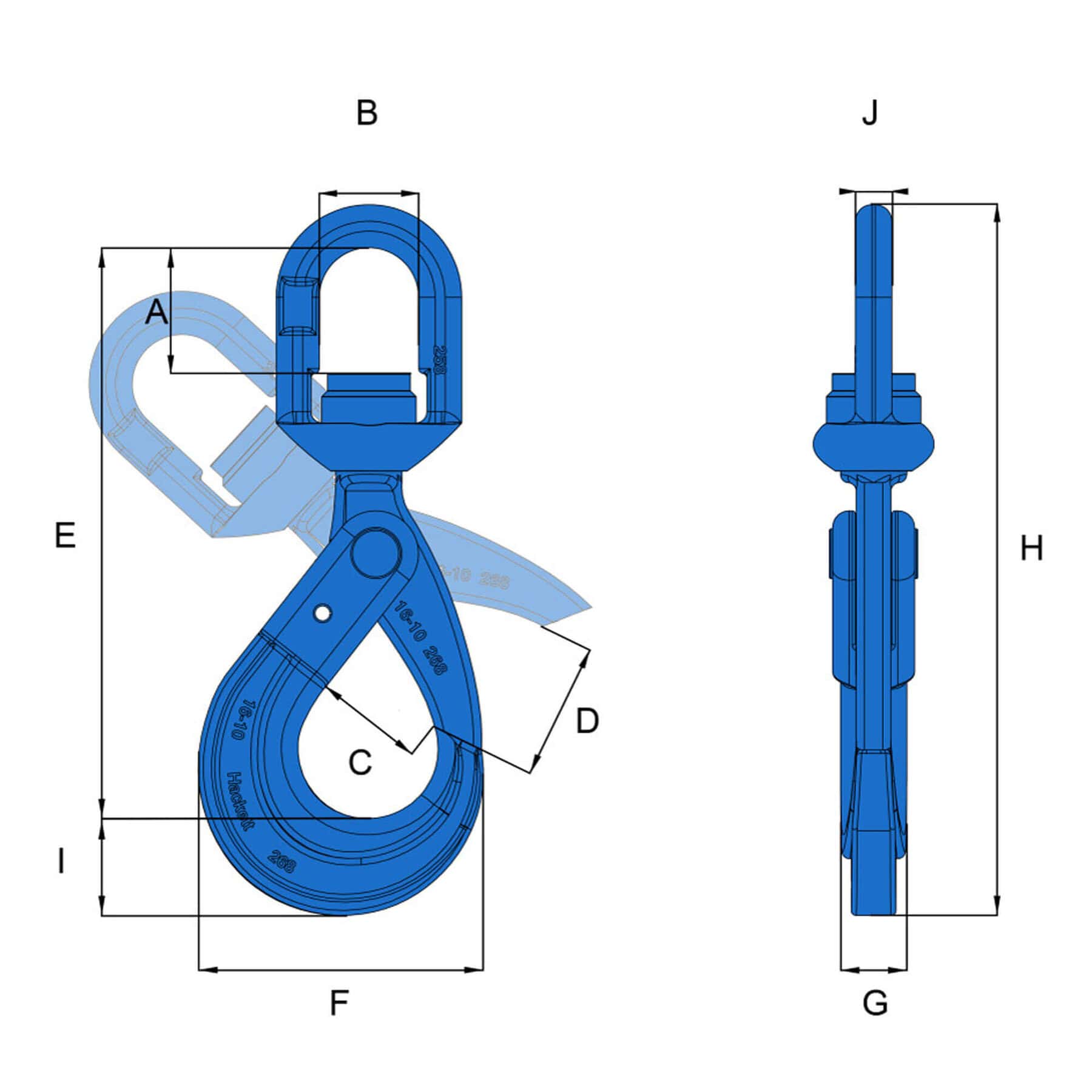 Technical drawing of HACK10 grade 10 swivel self locking hook with labelled dimensions and side view
