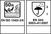 Two certification icons showing EN ISO 12402-5 and EN 343 standards with rain and weather protection symbols