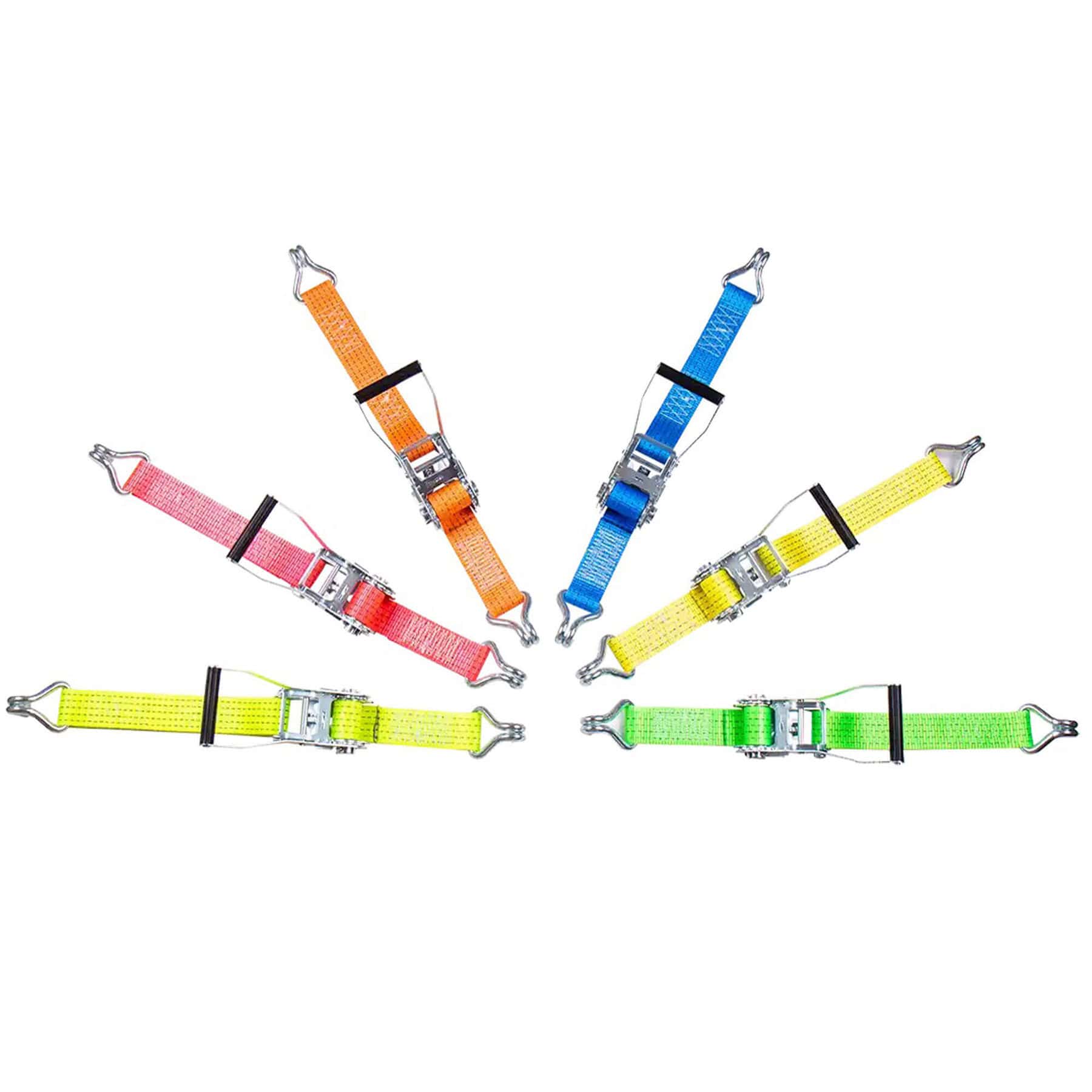 Six coloured ratchet straps with metal buckles and claw hooks arranged in a circle on white background