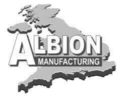 Grey silhouette map of Great Britain with Albion Manufacturing text logo