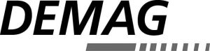 DEMAG logo in black italic letters with grey bar and diagonal stripes