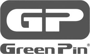 GreenPin logo with white GP letters on a grey rounded rectangle above the text GreenPin