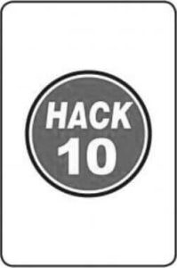 Grey circular badge with white text HACK 10
