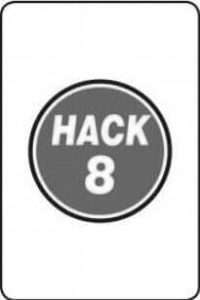 Grey circular badge with the text HACK 8 on a white background