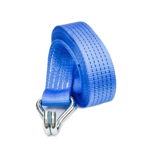 Blue adjustable lifting webbing strap with metal claw hook end coiled on white background