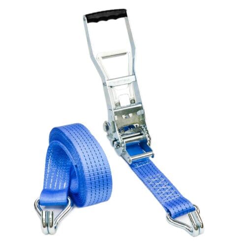 Blue 5 tonne ERGO ratchet strap with metal handle and claw hooks on white background