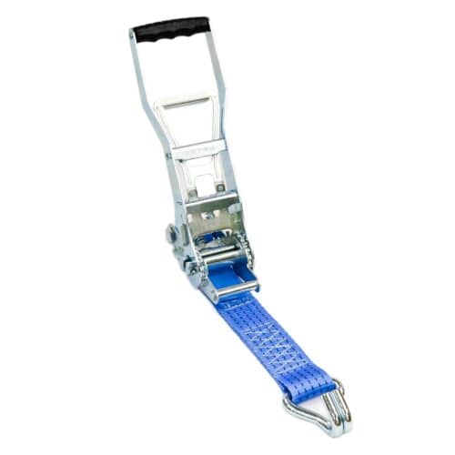 ERGO ratchet strap fixed end with blue webbing and claw hook, 5 tonne capacity