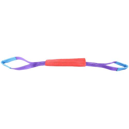 Purple lifting strap with blue loop ends and a red padded centre section on white background