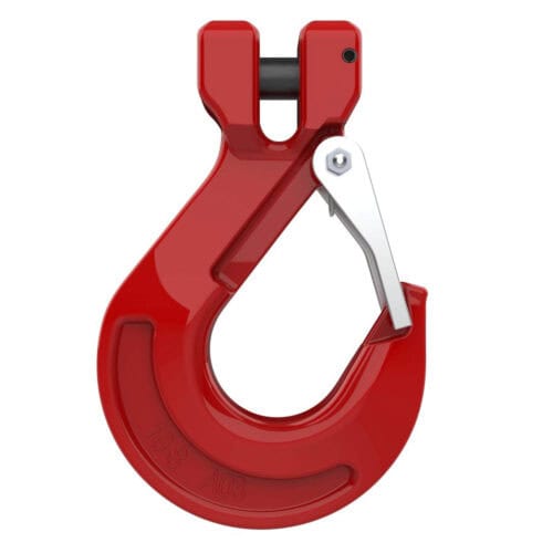 Red 8mm lashing chain hook with safety latch and black pin isolated on white background