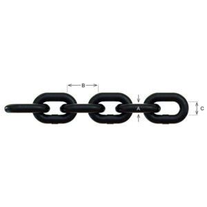 Close-up of black lashing chain links with measurement arrows labelled A B and C