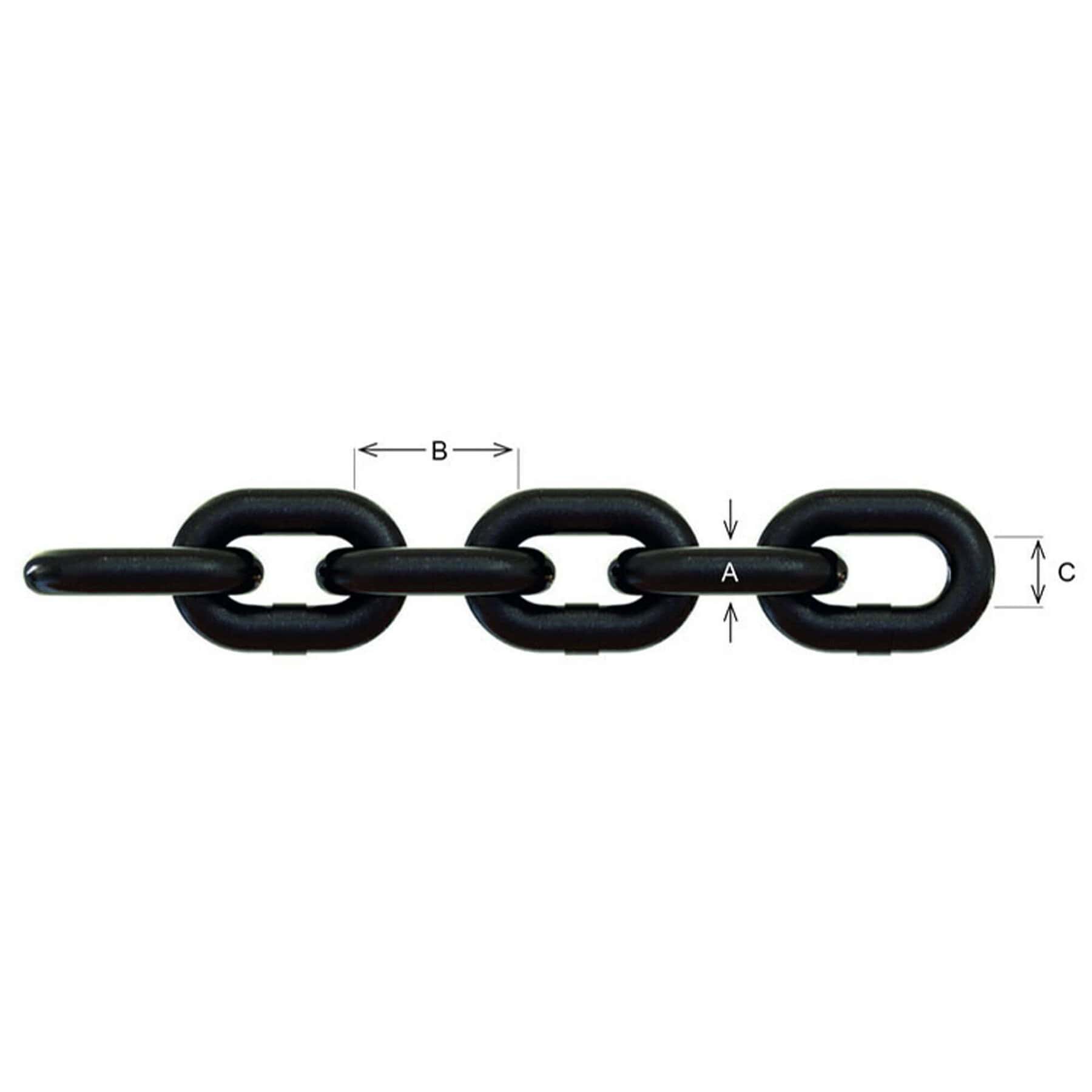 Close-up of black lashing chain links with measurement arrows labelled A B and C