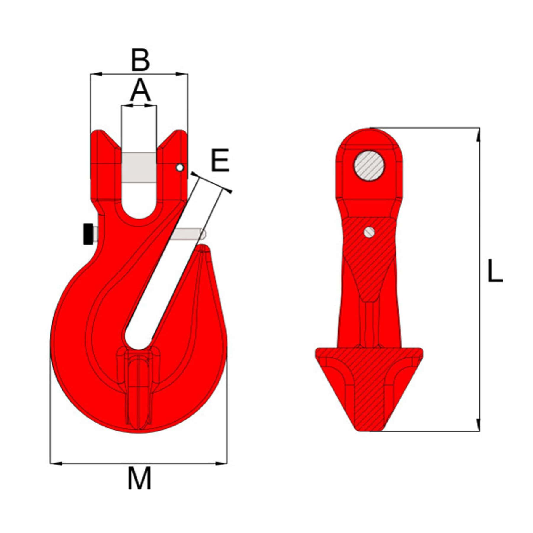 Red lashing clevis grab hook diagram with dimensional labels A B E L and M