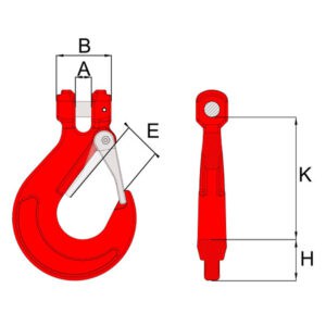 HACK8 lashing clevis sling hook diagram with latch and labelled dimensions A B E K H