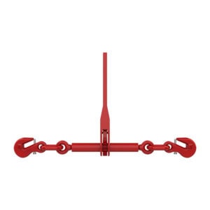 Red lashing chain assembly with central tensioner and hooks at both ends on white background
