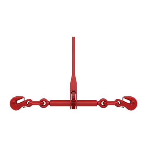 Red lashing chain assembly with central tensioner and hooks at both ends on white background
