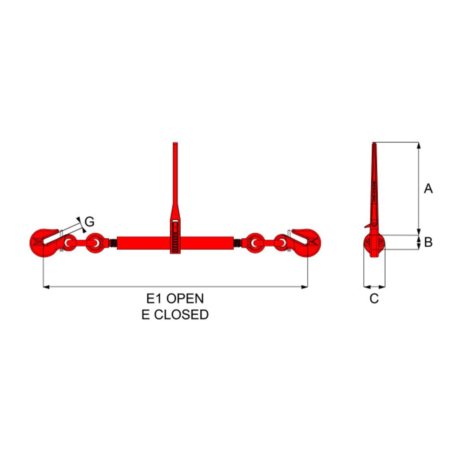 HACK8 ratchet loadbinder diagram with hooks showing open and closed length and handle dimensions A B C G