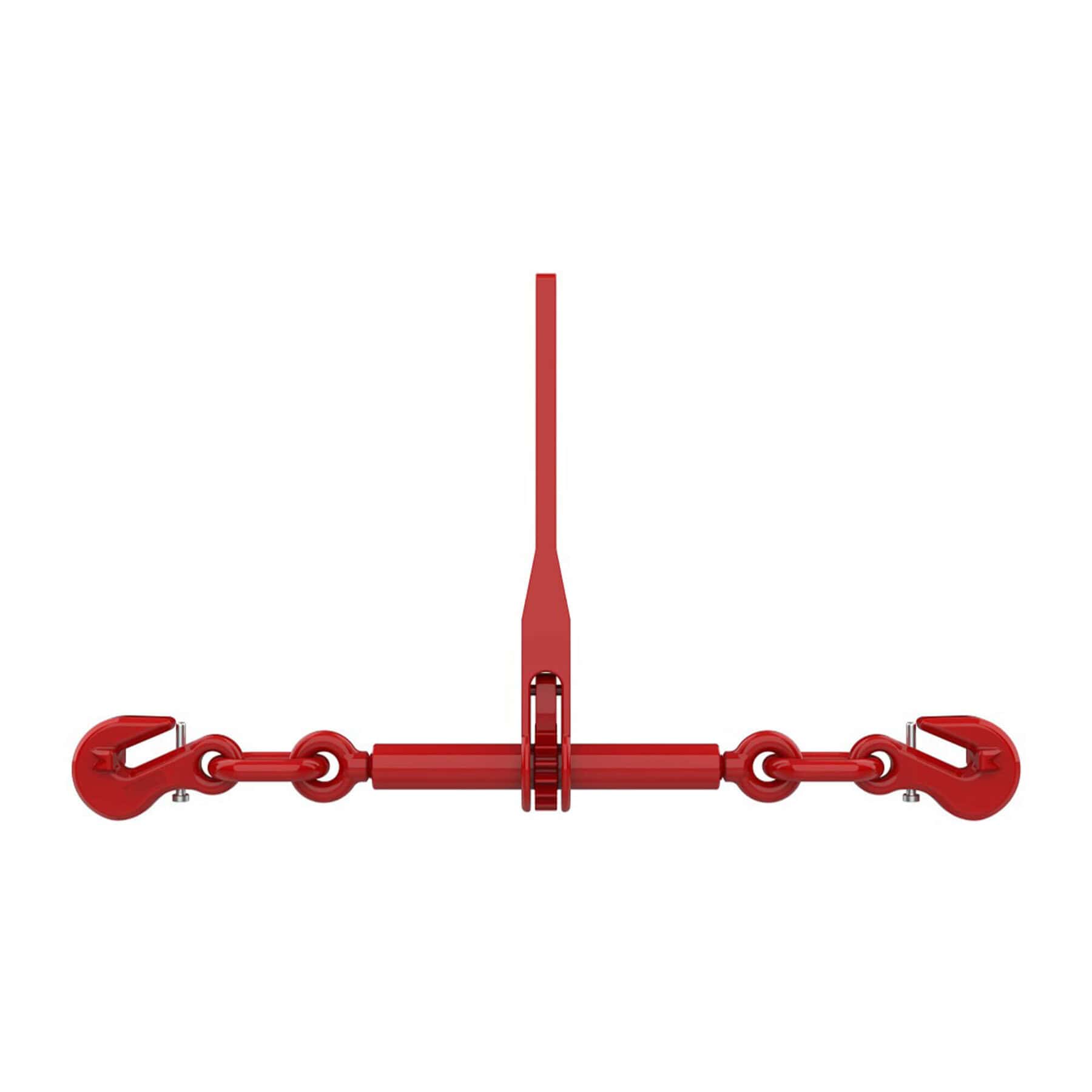 Red lashing chain assembly with central tensioner and hooks at both ends on white background
