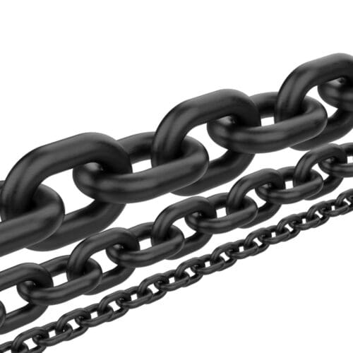 Close-up of black 8mm lashing chain links on a white background