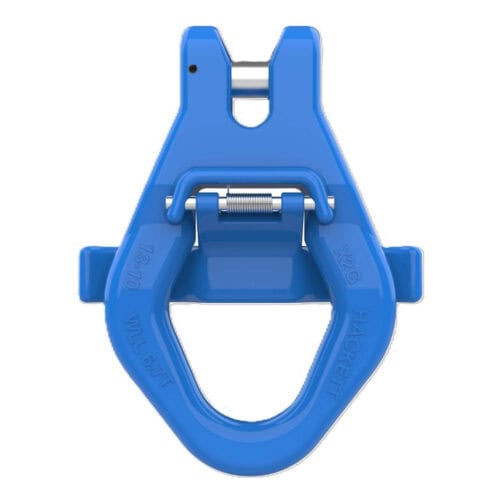 Blue grade 10 clevis skip hook with spring latch and clevis pin isolated on white background
