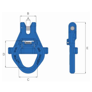 Technical drawing of HACK10 Grade 10 clevis skip hook showing front and side views with dimensions labelled A to E