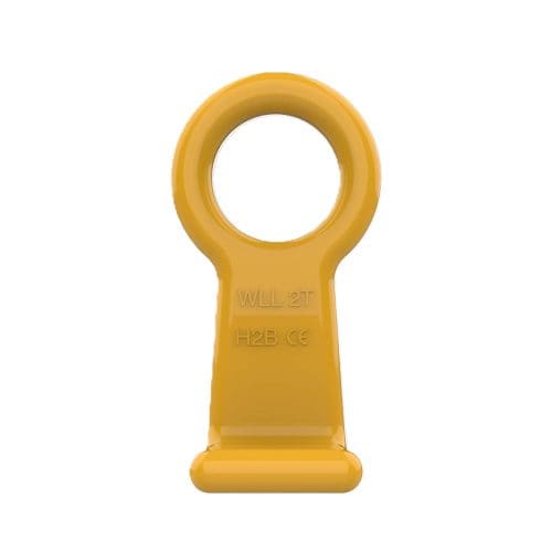 Yellow eye barrel hook with circular lifting eye and flat base showing WLL 2T marking