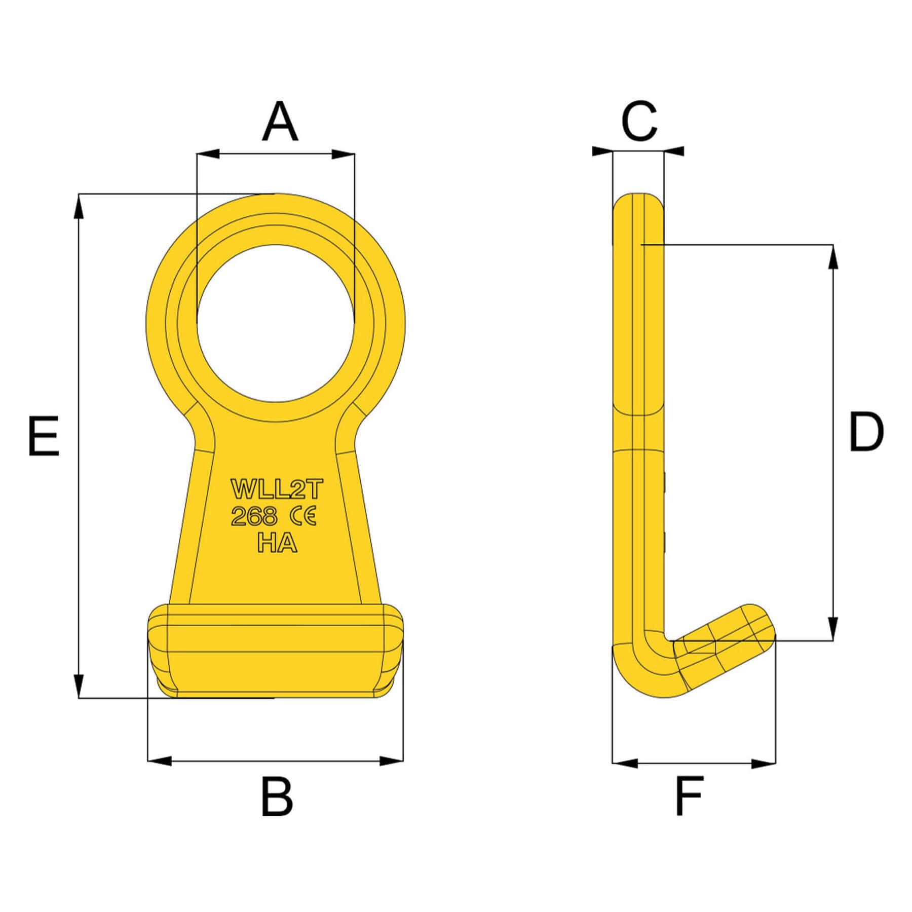 HACK8 eye barrel hook technical drawing with front and side views and labelled dimensions A to F