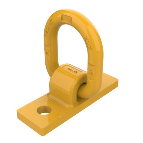 Yellow bolt-on lifting point with swivel ring and mounting plate with bolt hole