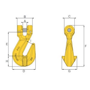 Technical drawing of HACK8 clevis grab hook showing front and side views with labelled dimensions
