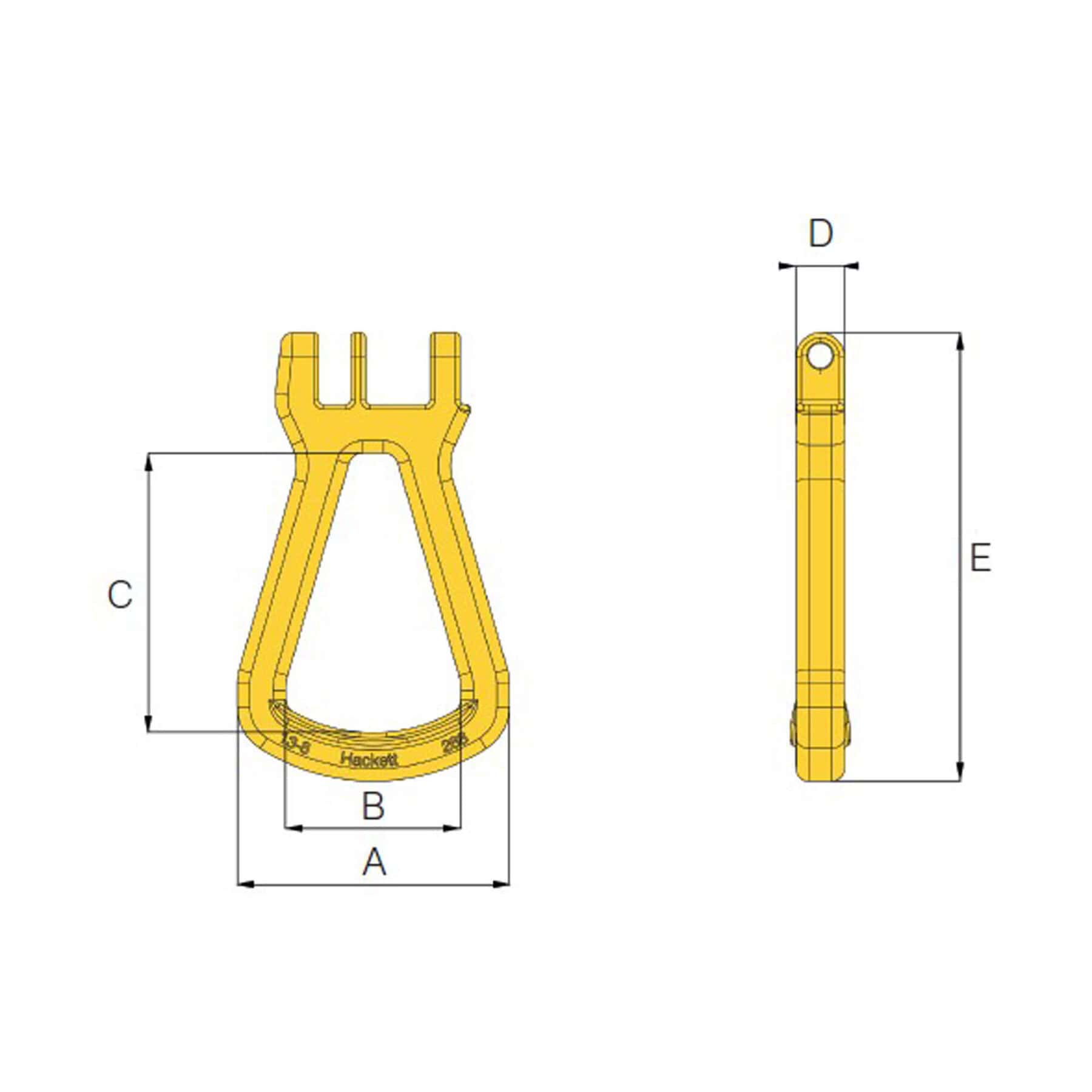 HACK8 closed coupling masterlink drawing showing front and side views with labelled dimensions A to E