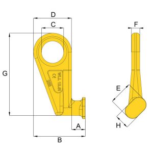 HACK8 eye container hook technical drawing with front and side views and labelled dimensions