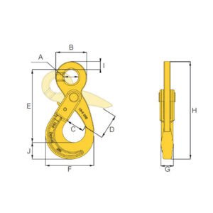 HACK8 eye self locking hook technical drawing with front and side views and labelled dimensions