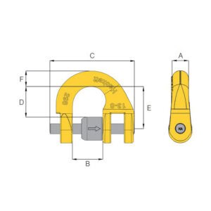 HACK8 half coupling link diagram showing side and front views with labelled dimensions A to F