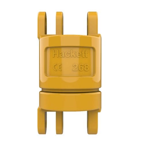 Yellow insulated blank swivel connector with Hackett CE 268 marking on front