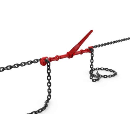 HACK8 8mm lashing chain assembly with red load binder and black chain links on white background