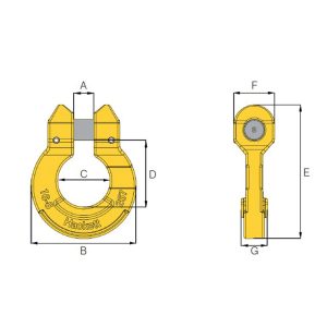 HACK8 Omega Link lifting point diagram showing front and side views with dimension labels A to G