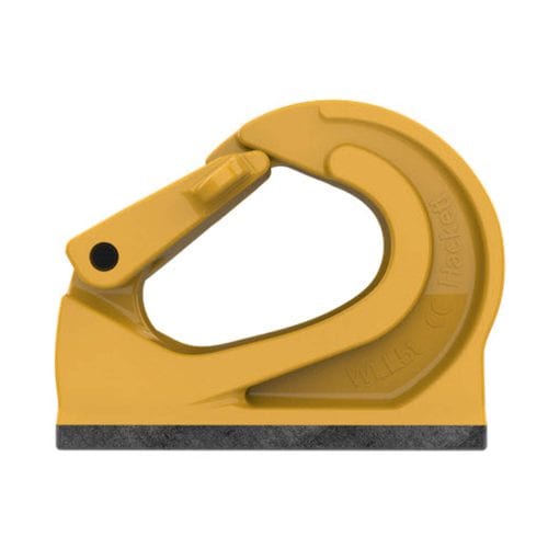 Yellow weld on excavator lifting hook with safety latch on base plate isolated on white background