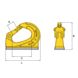 HACK8 weld on excavator hook technical drawing with side and front views and labelled dimensions