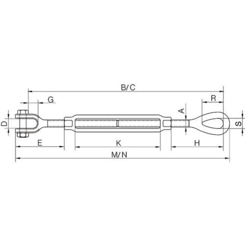 Technical drawing of forged jaw and eye turnbuckle with lock nut showing labelled dimensions