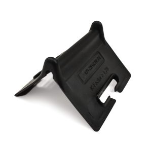 Black plastic mounting clip with two hook ends on a white background