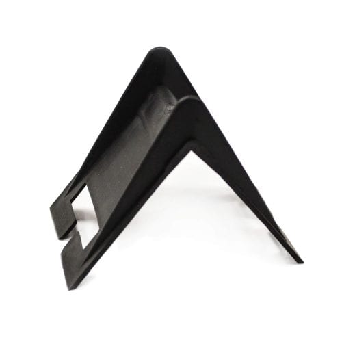Black plastic A-frame stand with a rectangular cut-out on a white background