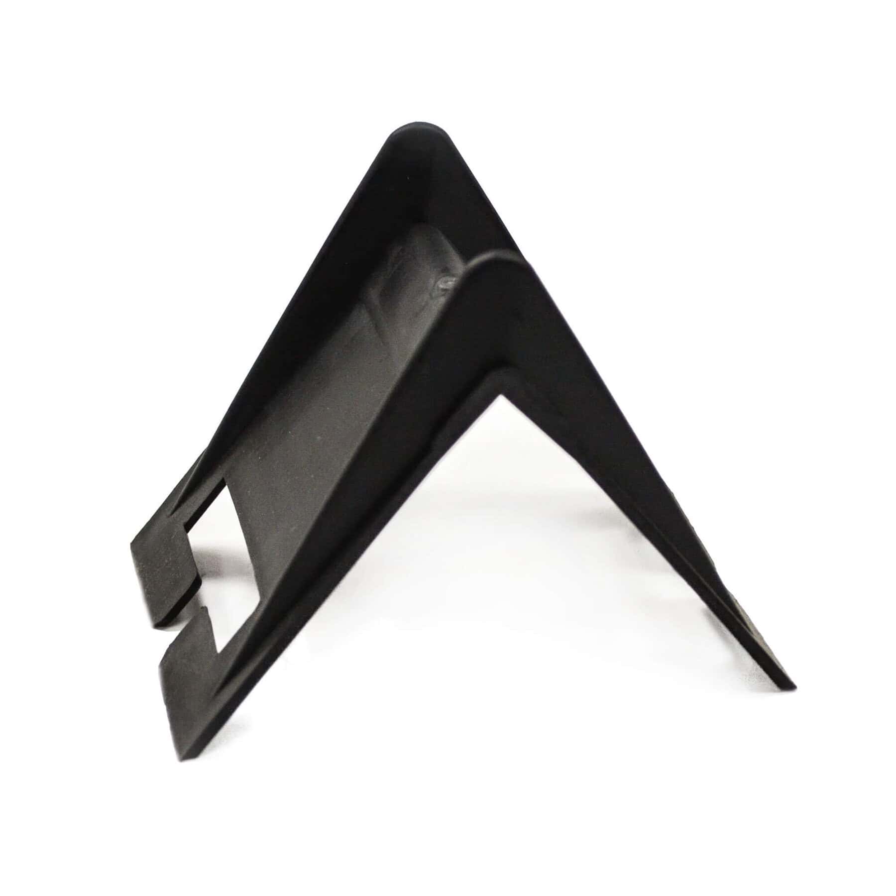 Black plastic A-frame stand with a rectangular cut-out on a white background