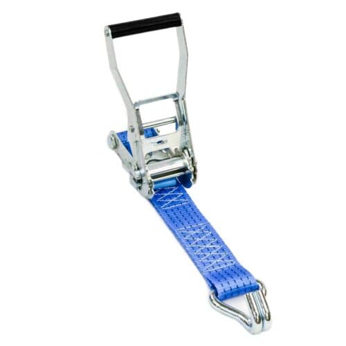 5 tonne ratchet strap fixed end with blue 0.5 m webbing and claw hook on white background