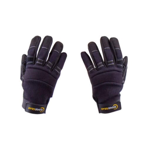 Pair of black full finger work gloves with padded palms and RidgGear logo cuffs