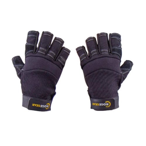 Pair of black fingerless work gloves with reinforced stitching and Ridgce Gear logo tabs