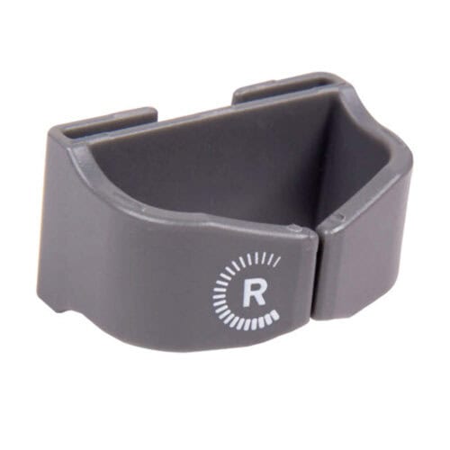 Grey plastic parking loop clamp with R marking on the front